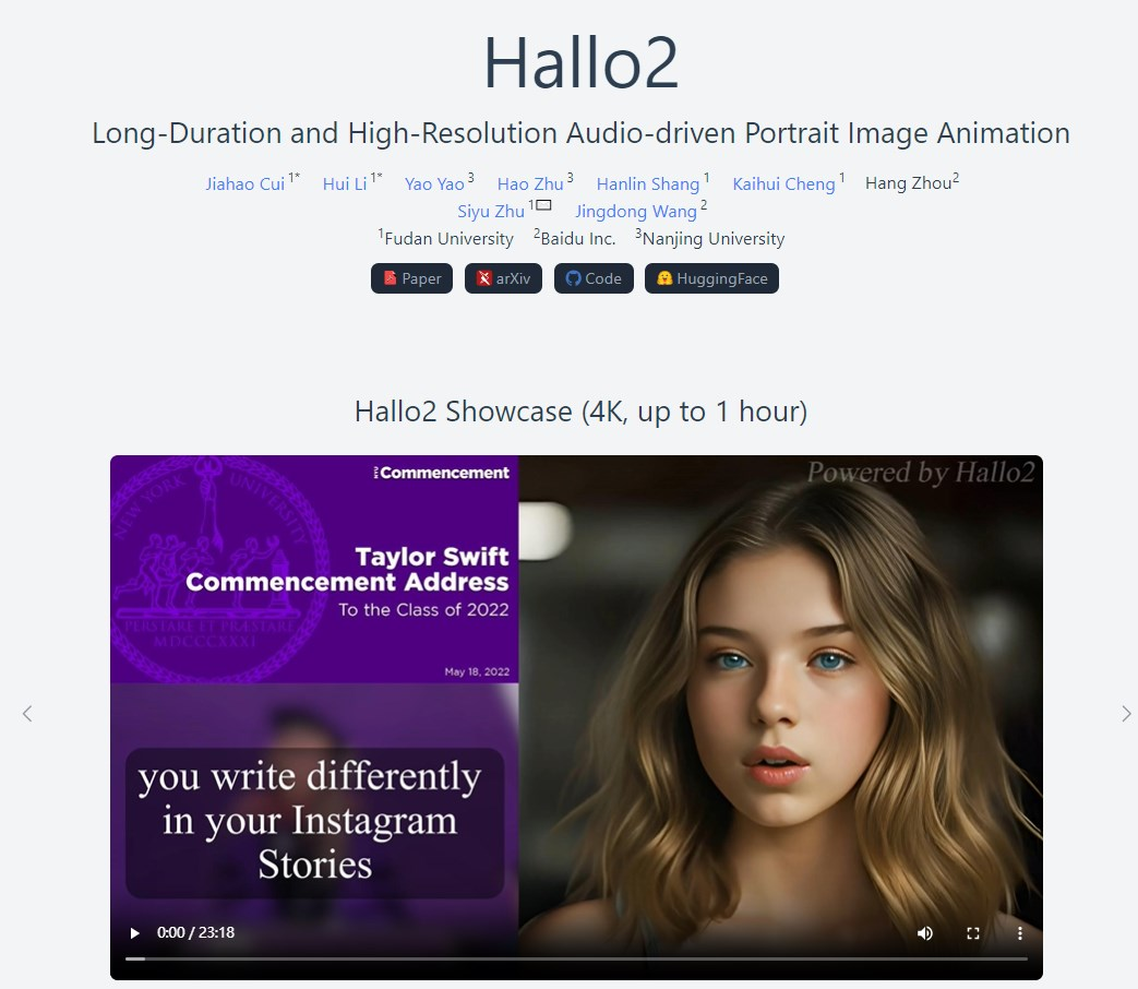 复旦、百度联手打造全新AI模型Hallo2 可生成4K超高清+1小时超长视频！