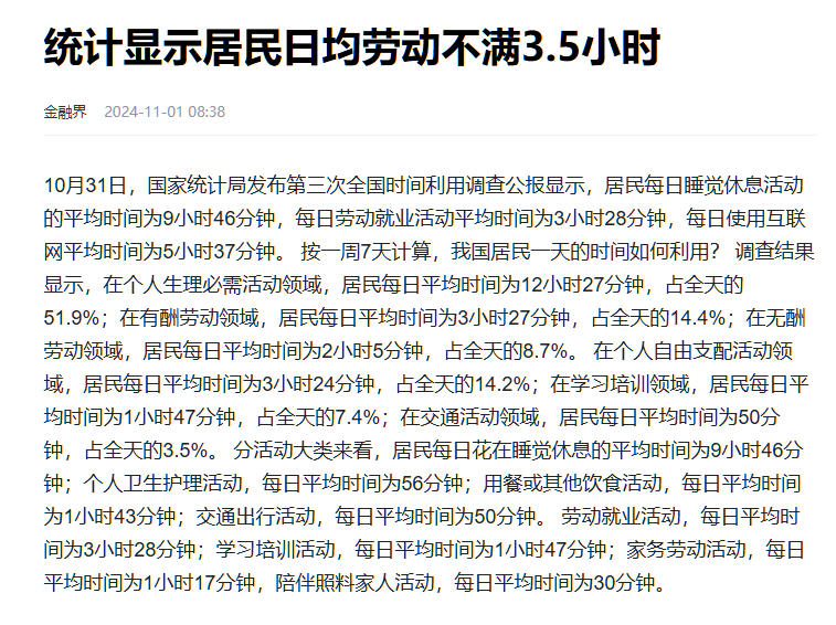 是不是你！！！居民日均劳动不足3.5小时 76572,日均,居民,工作时间