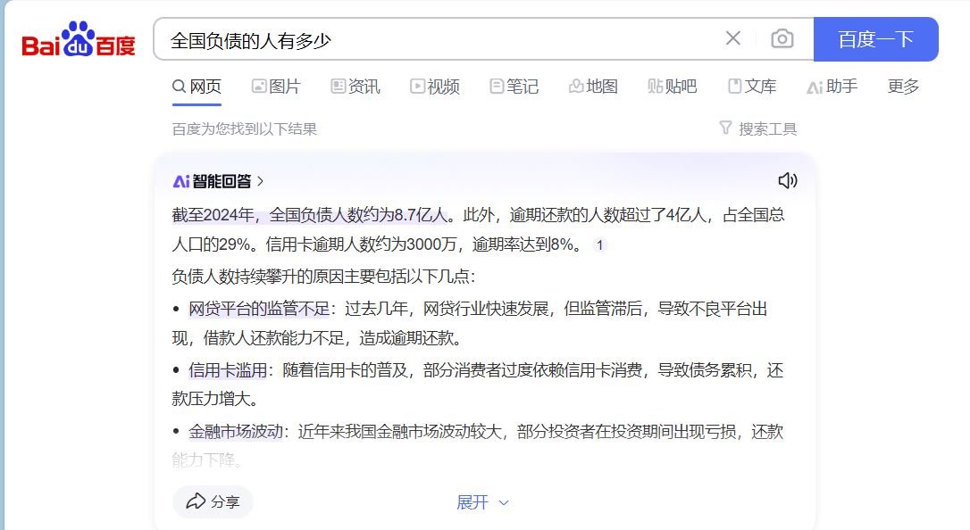 ‌截至2024年，全国负债人数约为8.7亿人‌ 