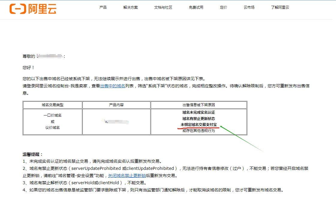 阿里云出售中域名被下架通知，原因之一是这个... 